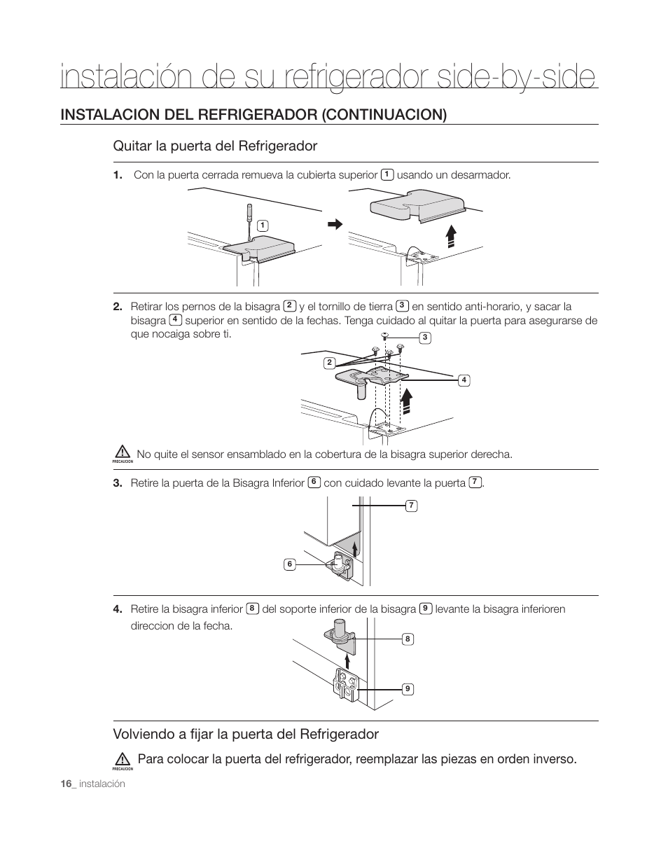Instalación de su refrigerador side-by-side, Instalacion del refrigerador (continuacion), Quitar la puerta del refrigerador | Volviendo a fijar la puerta del refrigerador | Samsung DA68-01890C User Manual | Page 50 / 68