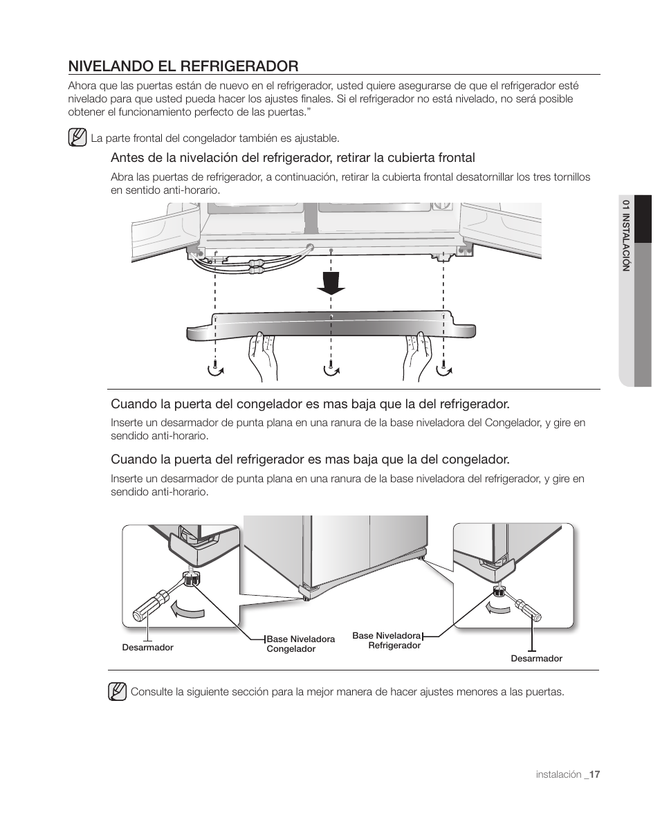 Nivelando el refrigerador | Samsung DA68-01890C User Manual | Page 51 / 68