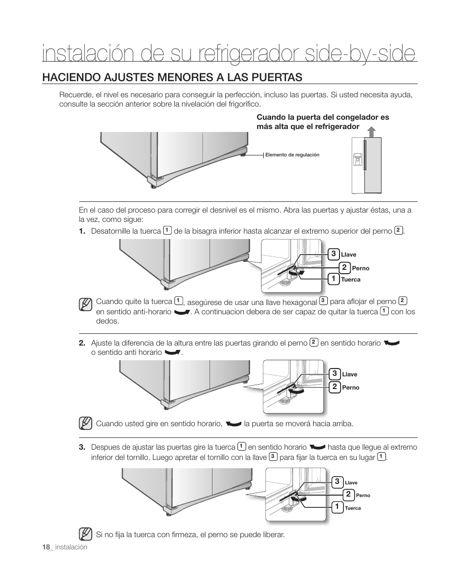 Instalación de su refrigerador side-by-side, Haciendo ajustes menores a las puertas | Samsung DA68-01890C User Manual | Page 52 / 68