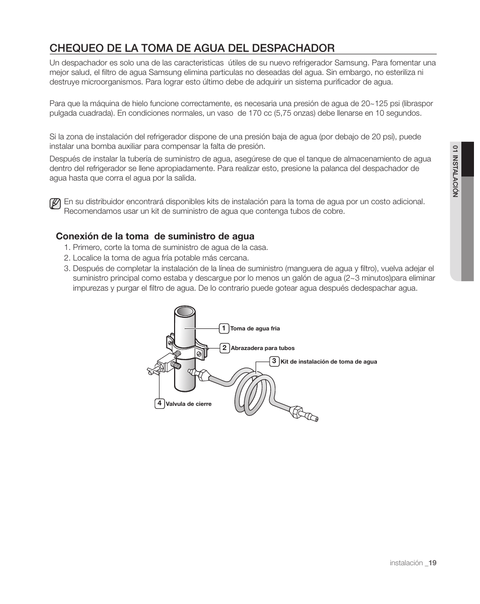 Chequeo de la toma de agua del despachador, Conexión de la toma de suministro de agua | Samsung DA68-01890C User Manual | Page 53 / 68