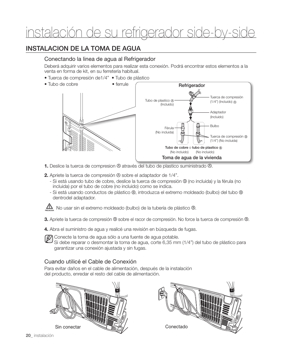 Instalación de su refrigerador side-by-side, Instalacion de la toma de agua | Samsung DA68-01890C User Manual | Page 54 / 68