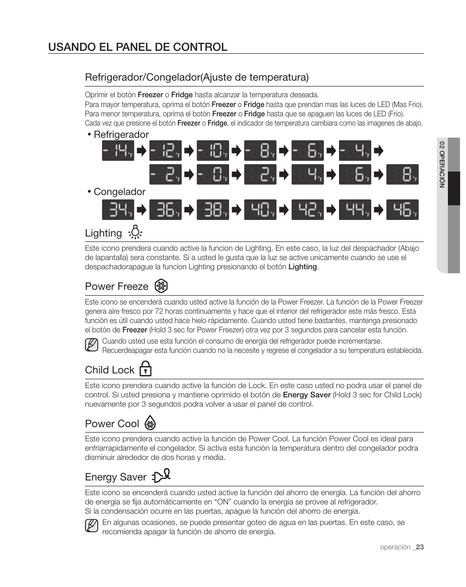 Usando el panel de control, Refrigerador/congelador(ajuste de temperatura), Lighting | Power freeze, Child lock, Power cool, Energy saver | Samsung DA68-01890C User Manual | Page 57 / 68