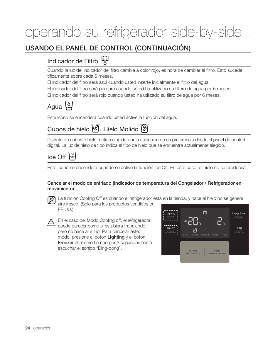 Operando su refrigerador side-by-side, Usando el panel de control (continuación) | Samsung DA68-01890C User Manual | Page 58 / 68