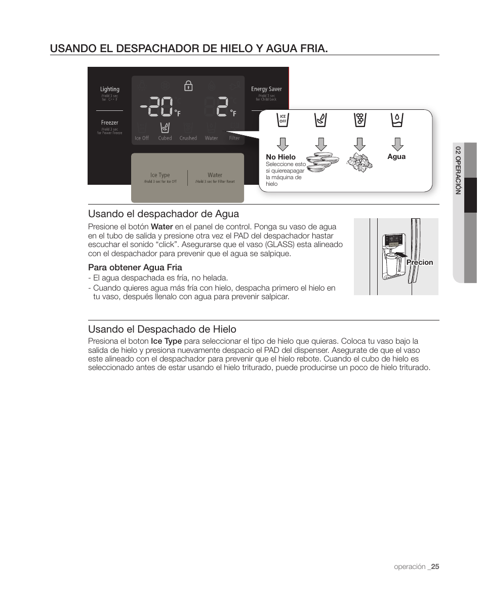 Usando el despachador de hielo y agua fria, Usando el despachador de agua, Usando el despachado de hielo | Samsung DA68-01890C User Manual | Page 59 / 68