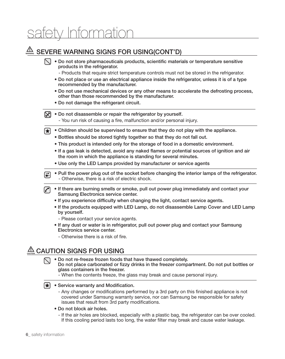 Safety information, Caution signs for using, Severe warning signs for using(cont’d) | Samsung DA68-01890C User Manual | Page 6 / 68