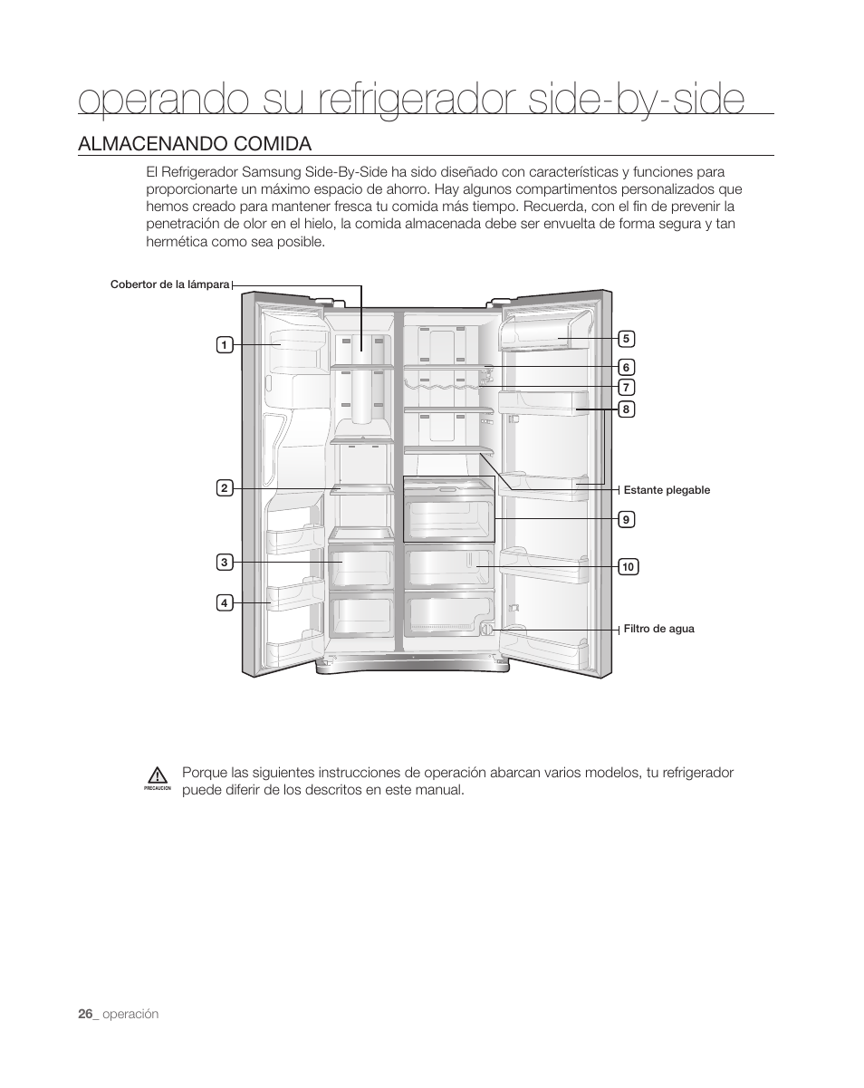 Operando su refrigerador side-by-side, Almacenando comida | Samsung DA68-01890C User Manual | Page 60 / 68