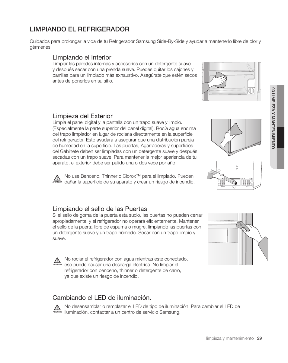 Limpiando el refrigerador, Limpiando el interior, Limpieza del exterior | Limpiando el sello de las puertas, Cambiando el led de iluminación | Samsung DA68-01890C User Manual | Page 63 / 68