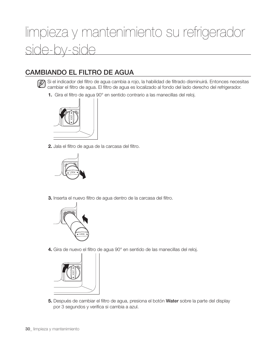 Cambiando el filtro de agua, Limpieza y mantenimiento | Samsung DA68-01890C User Manual | Page 64 / 68