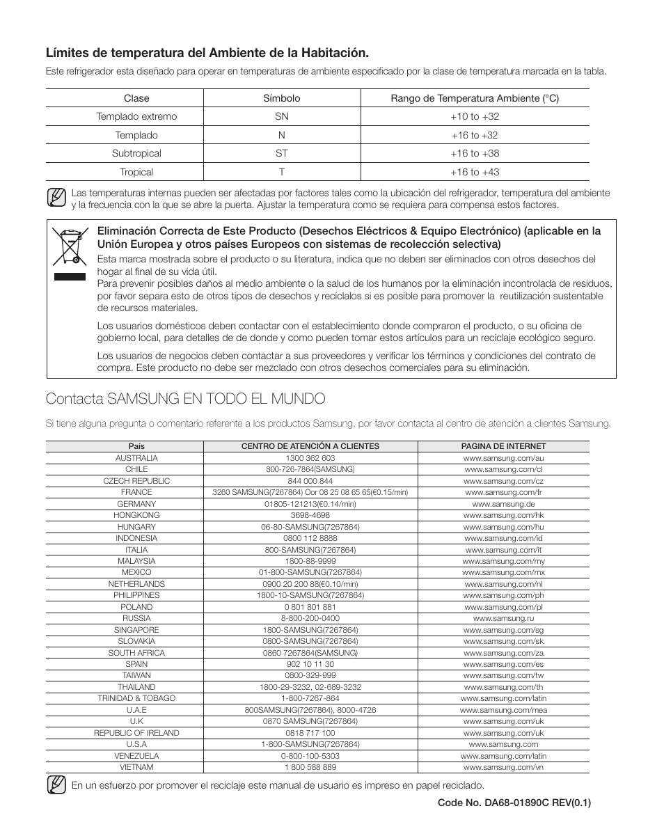 Contacta samsung en todo el mundo | Samsung DA68-01890C User Manual | Page 68 / 68