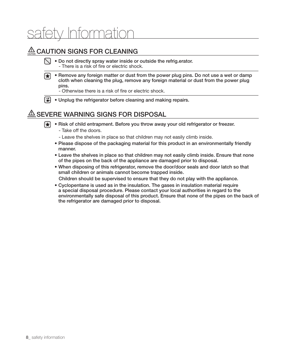 Safety information, Caution signs for cleaning, Severe warning signs for disposal | Samsung DA68-01890C User Manual | Page 8 / 68