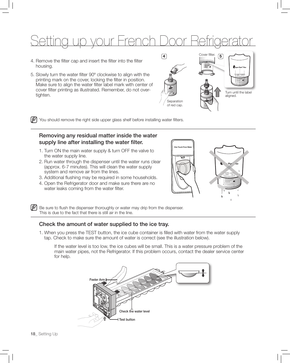 Setting up your french door refrigerator, Check the amount of water supplied to the ice tray | Samsung RF266AA User Manual | Page 18 / 38