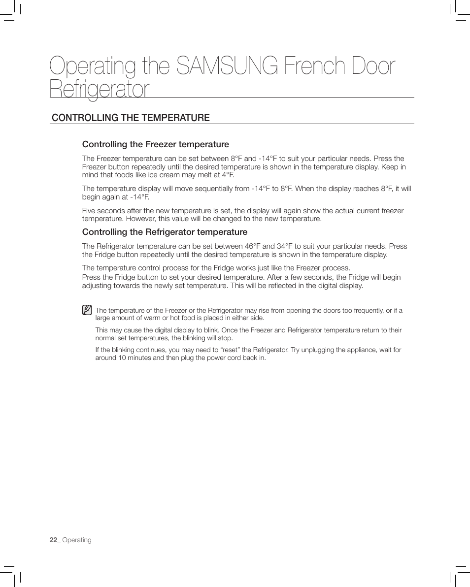 Controlling the temperature, Operating the samsung french door refrigerator | Samsung RF266AA User Manual | Page 22 / 38