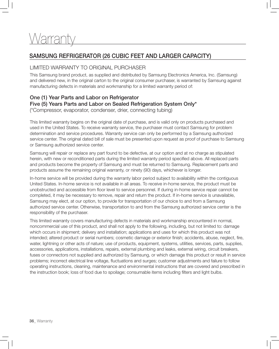 Warranty | Samsung RF266AA User Manual | Page 36 / 38