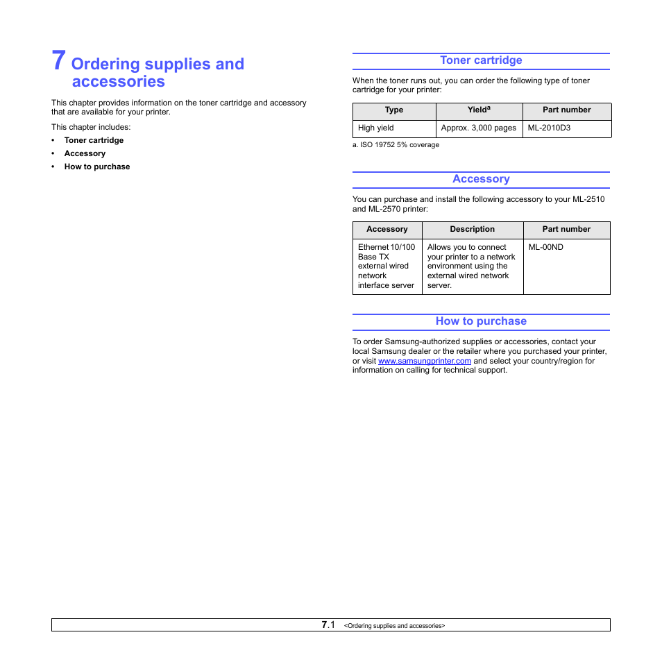Ordering supplies and accessories, Toner cartridge, Accessory | How to purchase, Toner cartridge accessory how to purchase | Samsung ML-2510 User Manual | Page 27 / 85