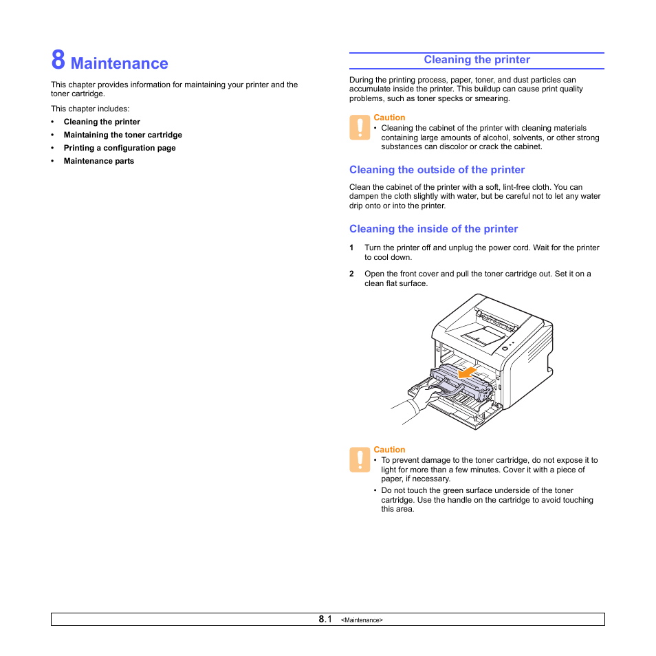 Maintenance, Cleaning the printer, Cleaning the outside of the printer | Cleaning the inside of the printer | Samsung ML-2510 User Manual | Page 28 / 85