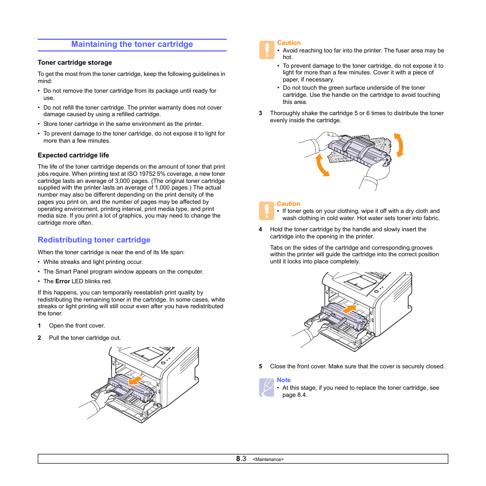 Maintaining the toner cartridge, Redistributing toner cartridge | Samsung ML-2510 User Manual | Page 30 / 85