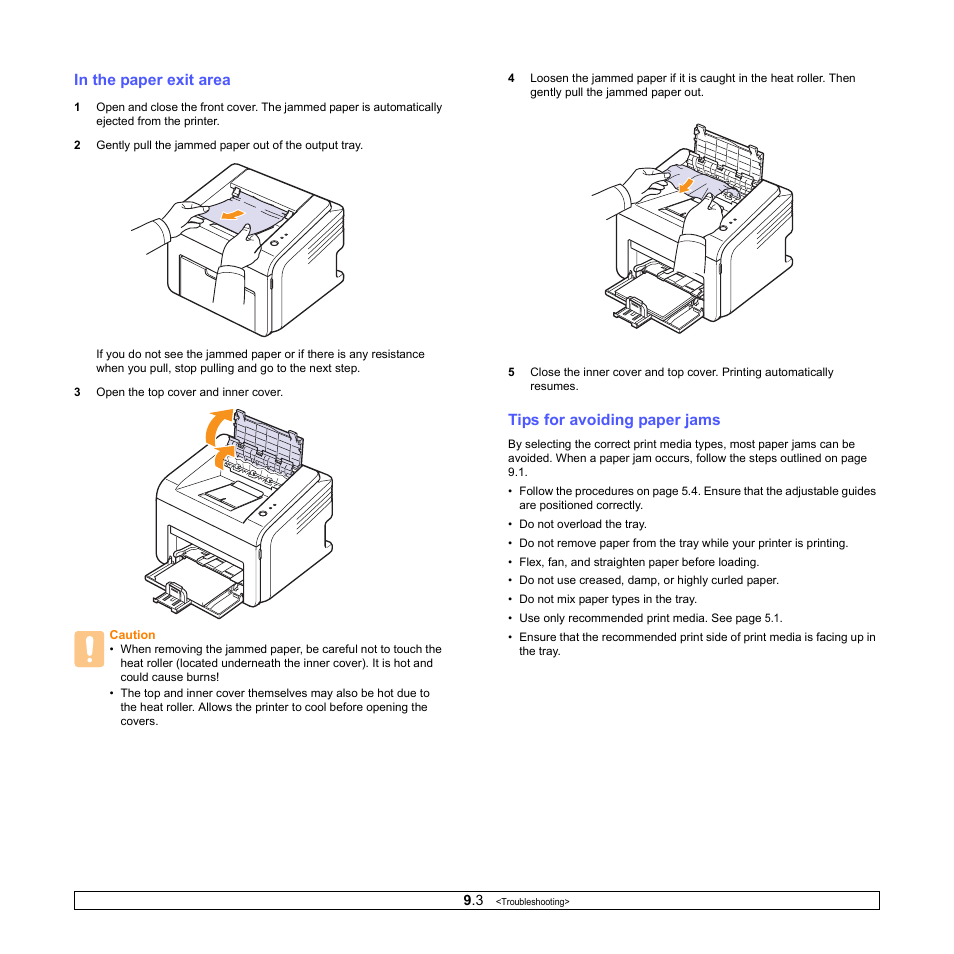 In the paper exit area, Tips for avoiding paper jams | Samsung ML-2510 User Manual | Page 35 / 85