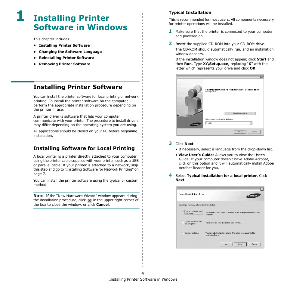 Installing printer software in windows, Installing printer software, Installing software for local printing | Chapter 1, Nstalling, Rinter, Oftware, Indows | Samsung ML-2510 User Manual | Page 50 / 85