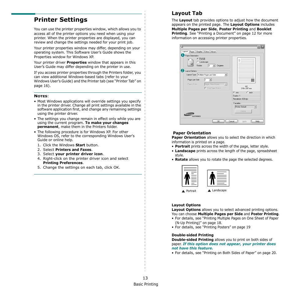 Printer settings, Layout tab, Ee “printer | Samsung ML-2510 User Manual | Page 59 / 85