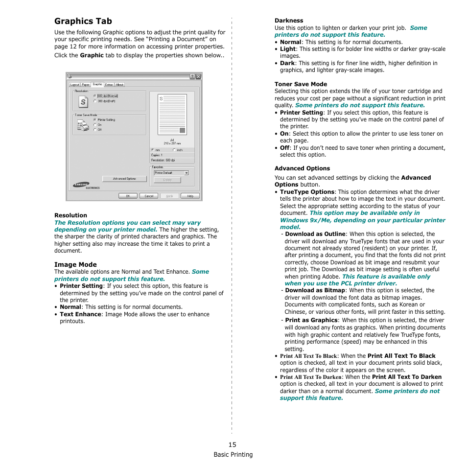Graphics tab | Samsung ML-2510 User Manual | Page 61 / 85