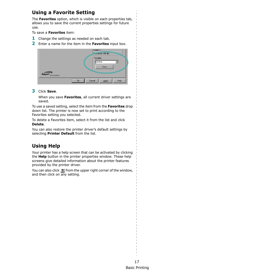Using a favorite setting, Using help, Using a favorite setting using help | Using a favorite setting - using help | Samsung ML-2510 User Manual | Page 63 / 85
