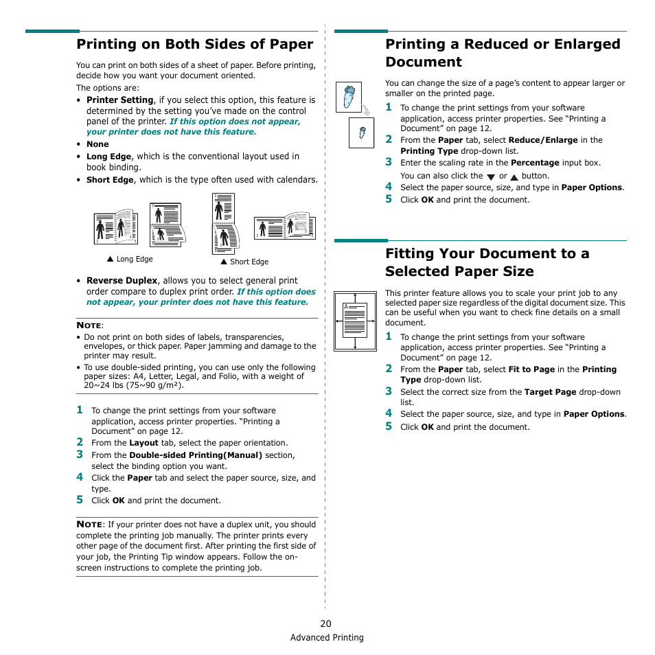 Printing on both sides of paper, Printing a reduced or enlarged document, Fitting your document to a selected paper size | Printing a reduced or enlarged document” on, Fitting your document to a selected paper | Samsung ML-2510 User Manual | Page 66 / 85