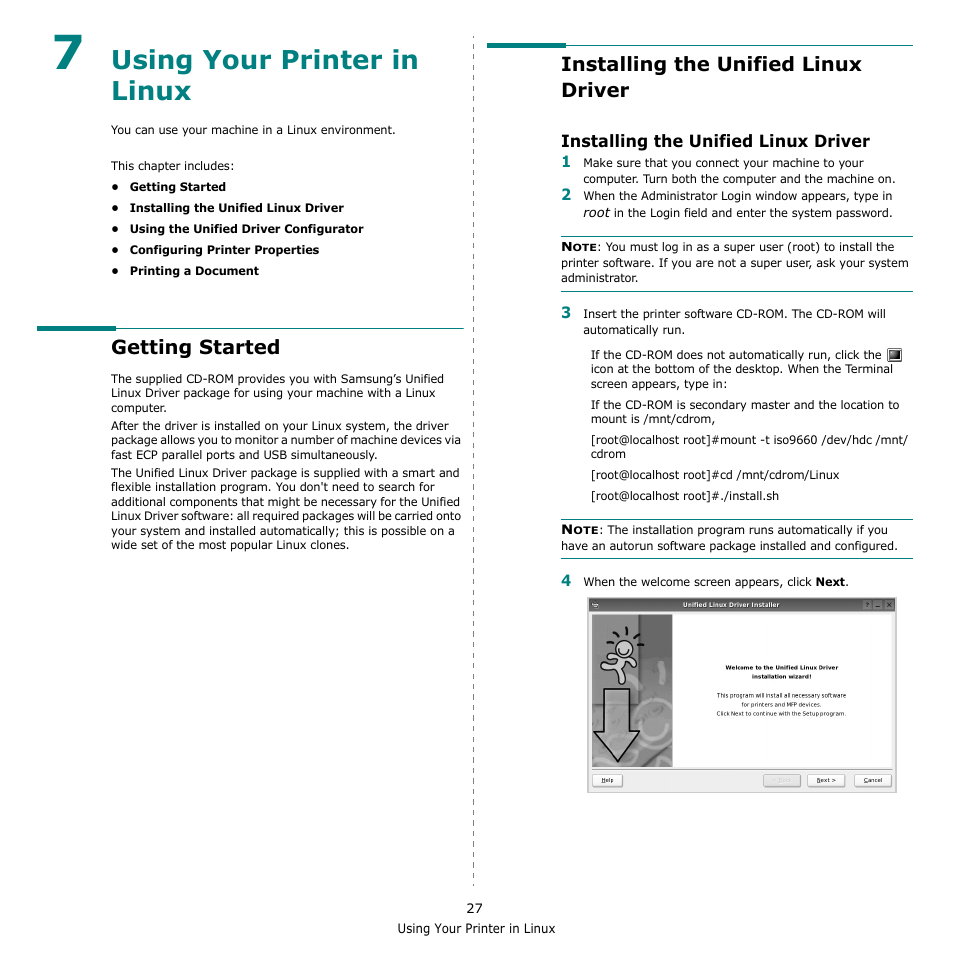 Using your printer in linux, Getting started, Installing the unified linux driver | Chapter 7, Sing, Rinter, Inux | Samsung ML-2510 User Manual | Page 73 / 85