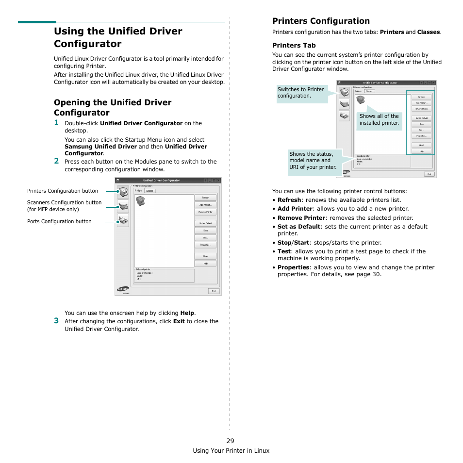 Using the unified driver configurator, Opening the unified driver configurator, Printers configuration | Samsung ML-2510 User Manual | Page 75 / 85