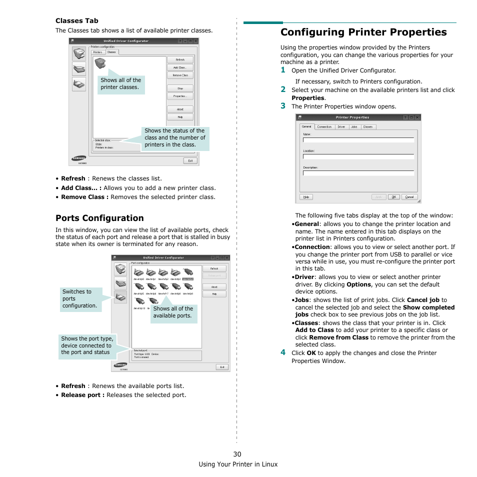 Ports configuration, Configuring printer properties | Samsung ML-2510 User Manual | Page 76 / 85