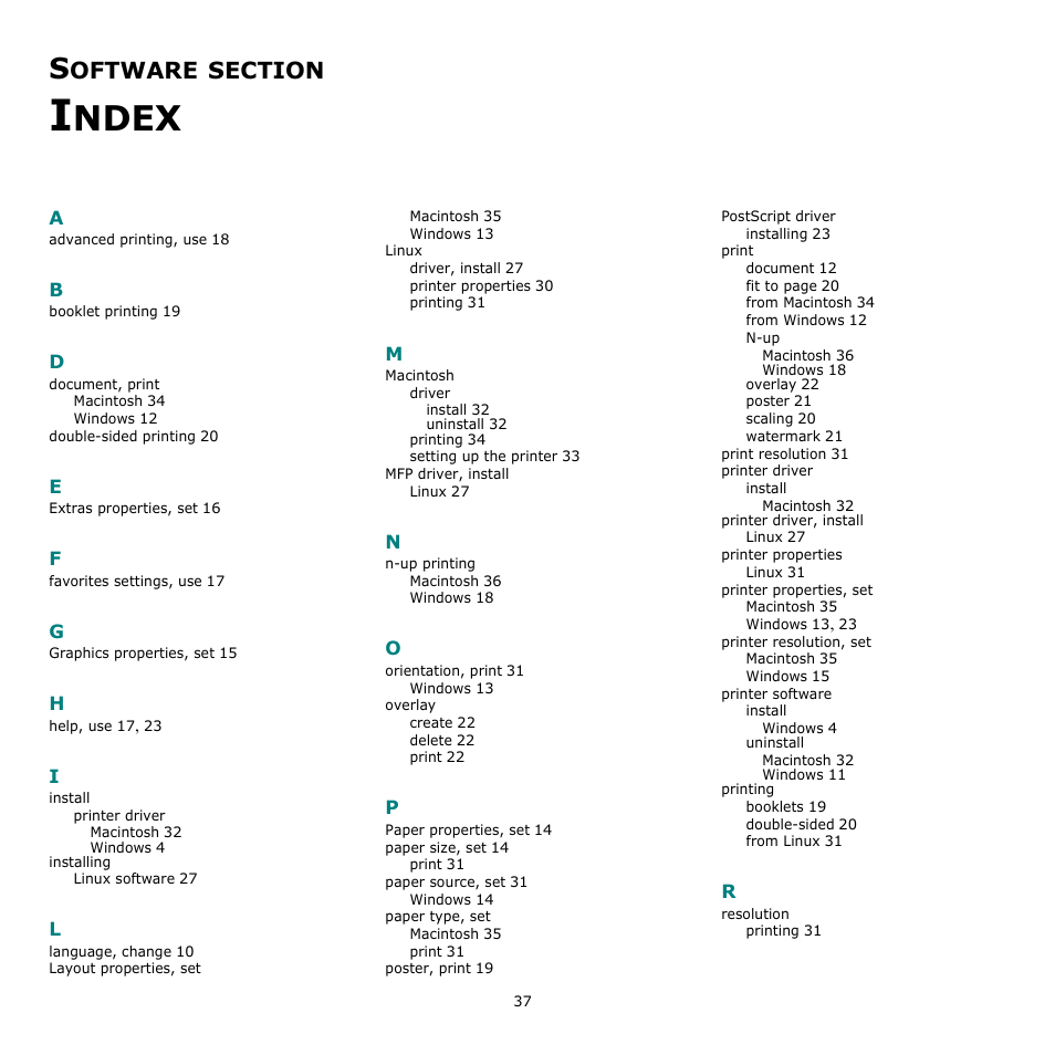 Software section index, Ndex, Oftware | Samsung ML-2510 User Manual | Page 83 / 85