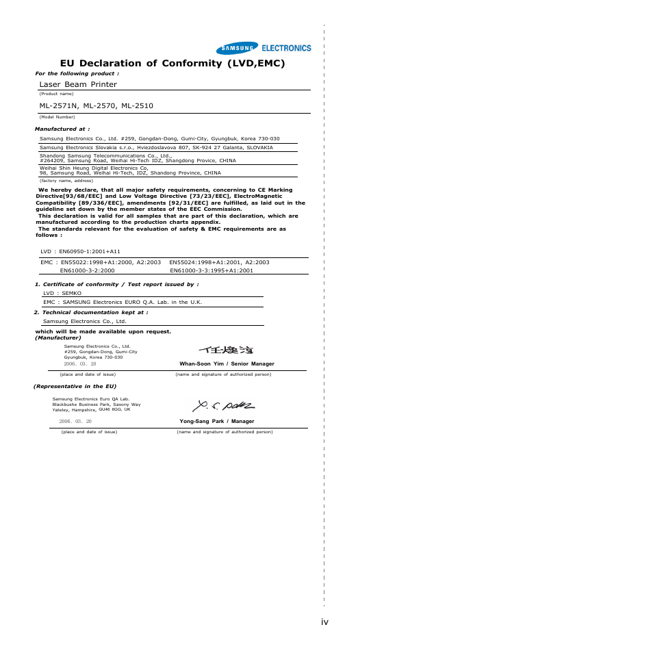 Eu declaration of conformity (lvd,emc) | Samsung ML-2510 User Manual | Page 9 / 85