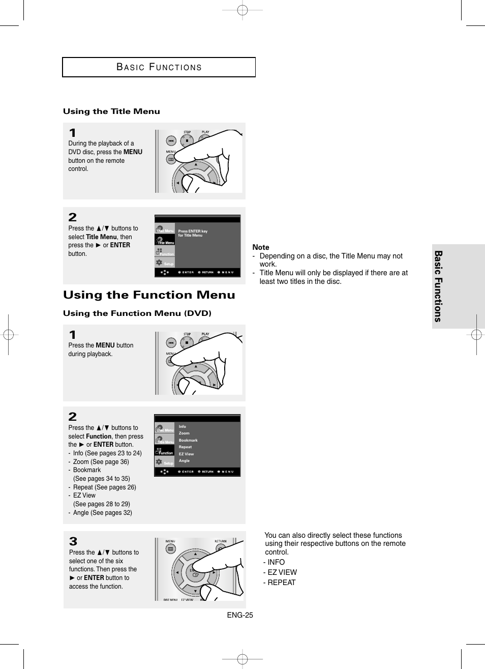 Using the function menu, Basic functions b | Samsung DVD-HD860 User Manual | Page 25 / 64