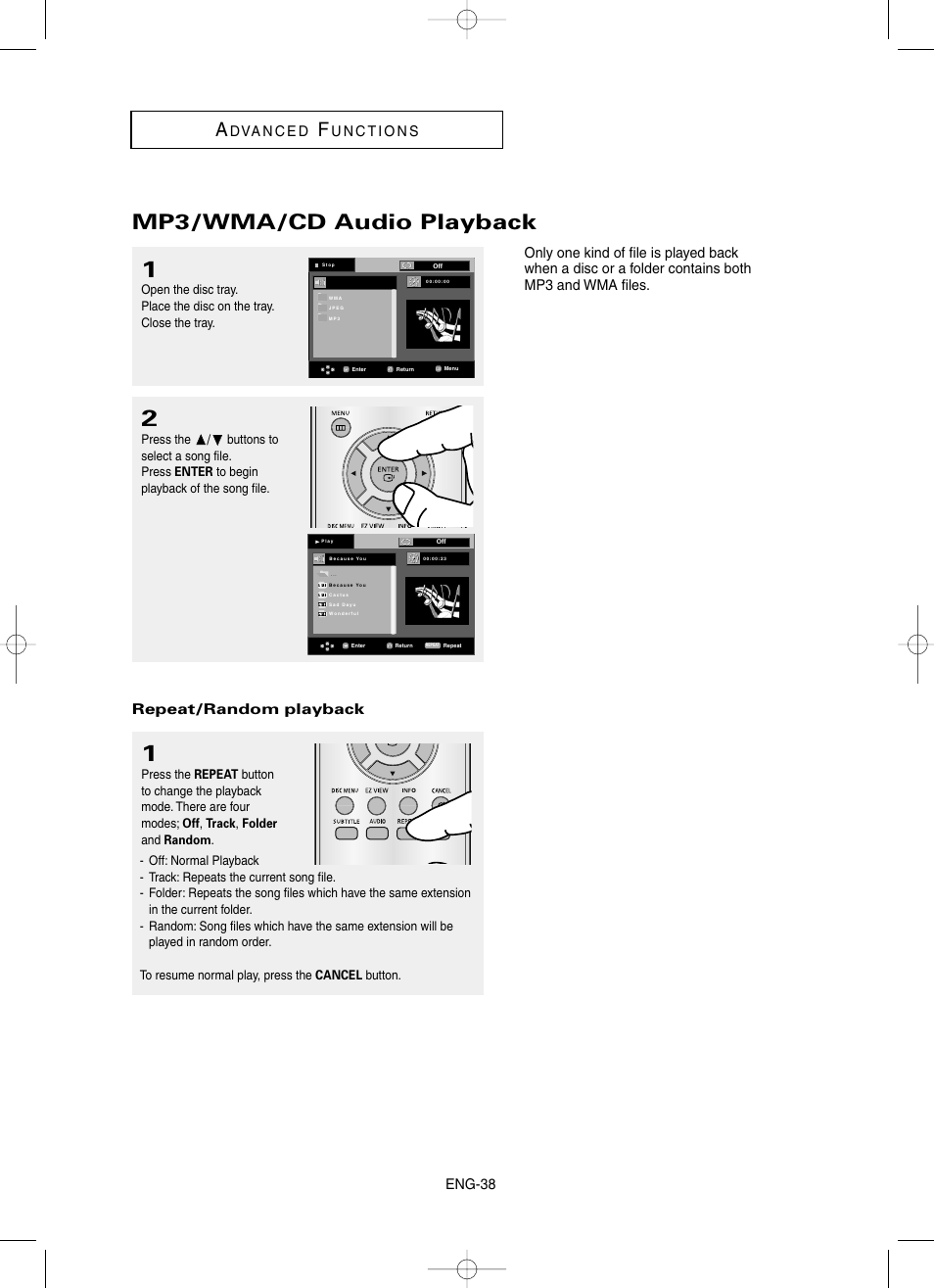 Mp3/wma/cd audio playback, Eng-38, Repeat/random playback | Samsung DVD-HD860 User Manual | Page 38 / 64