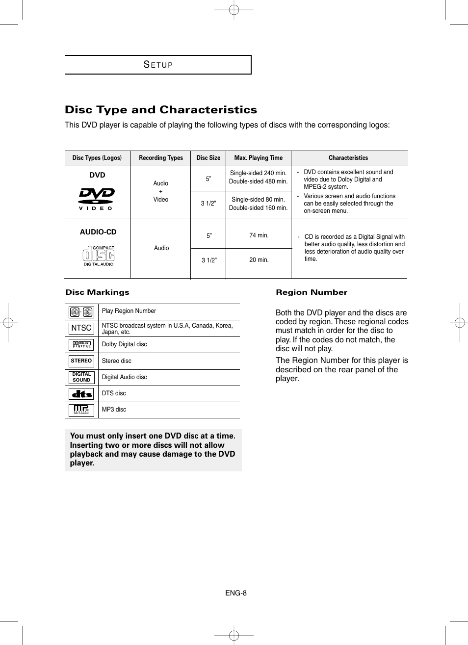 Disc type and characteristics | Samsung DVD-HD860 User Manual | Page 8 / 64