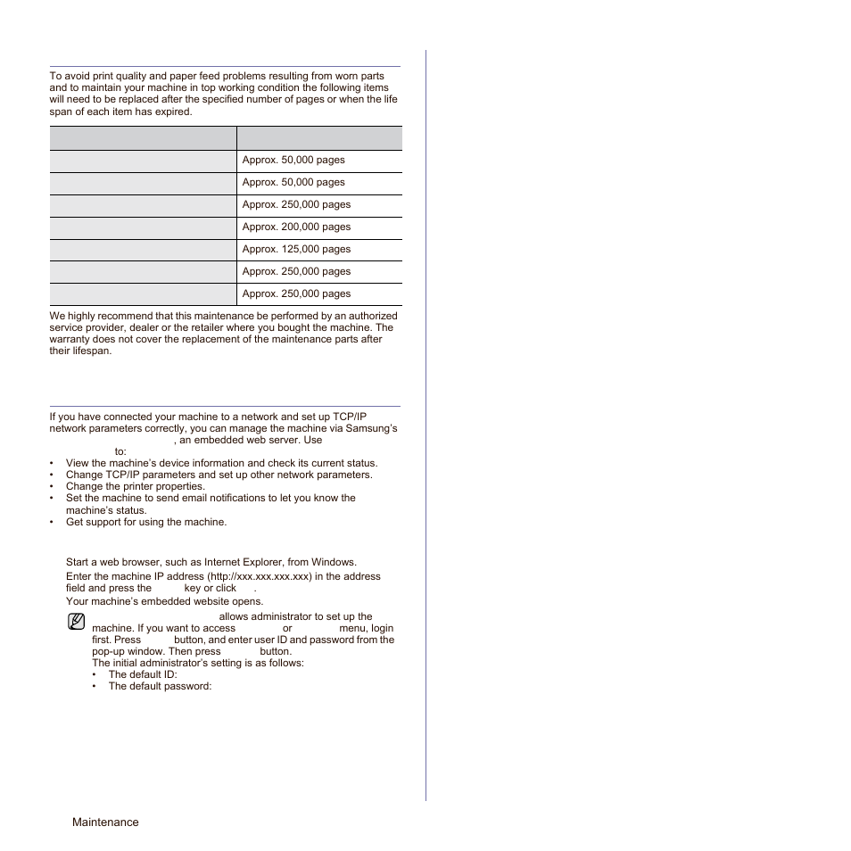 Maintenance parts, Managing your machine from the website, To access syncthru™ web service | To access, Istrator. (see, See "managing your, See "managing your machine from the website" on | Samsung SCX-6545N Series User Manual | Page 100 / 190