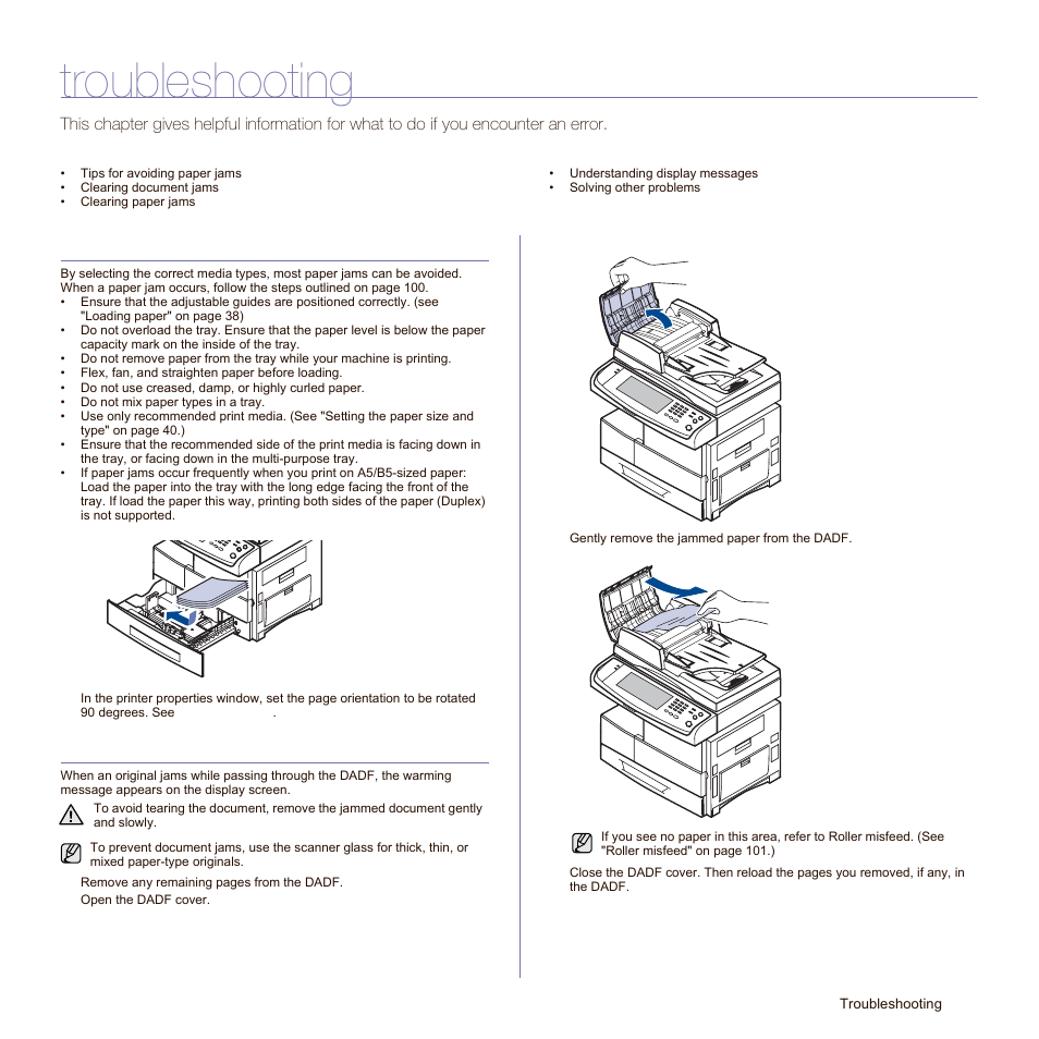 Troubleshooting, Tips for avoiding paper jams, Clearing document jams | To troubleshooting part. see | Samsung SCX-6545N Series User Manual | Page 101 / 190