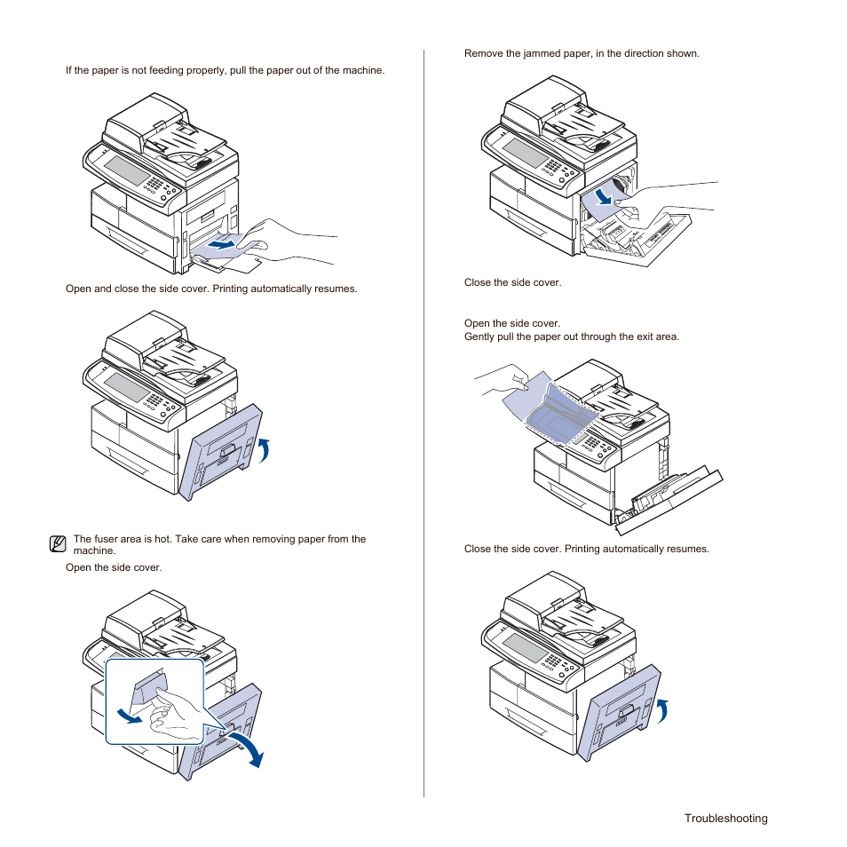 In the multi-purpose tray, In the fuser area or around the toner cartridge, In the paper exit area | See "in the multi, Purpose tray" on, See "in the fuser area, Or around the toner, See "in the paper exit | Samsung SCX-6545N Series User Manual | Page 107 / 190