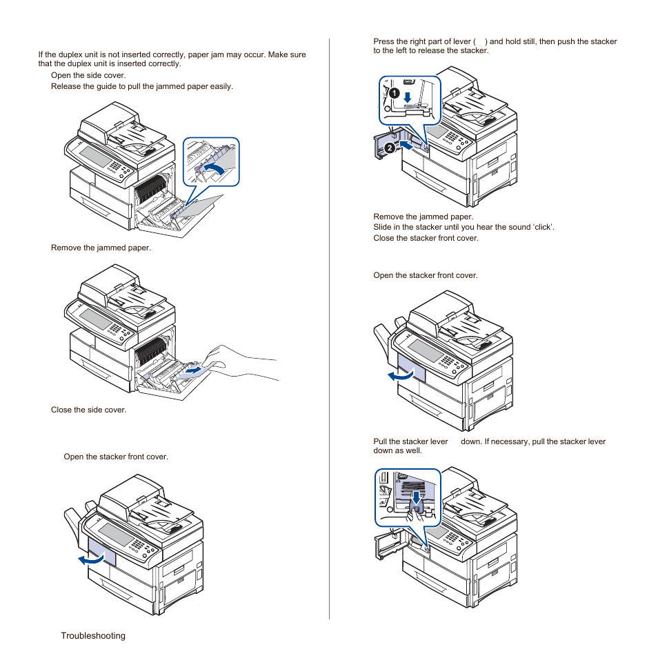 In the duplex unit area, In the stacker (finisher), See "in the duplex unit | See "paper jam in front, Of finisher" on, See "paper jam inside, Finisher, paper jam, Inside finisher’s | Samsung SCX-6545N Series User Manual | Page 108 / 190
