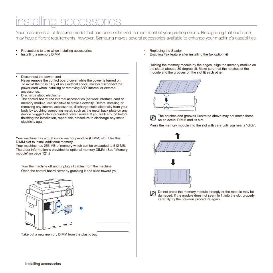 Installing accessories, Precautions to take when installing accessories, Installing a memory dimm | Installing a memory module | Samsung SCX-6545N Series User Manual | Page 124 / 190