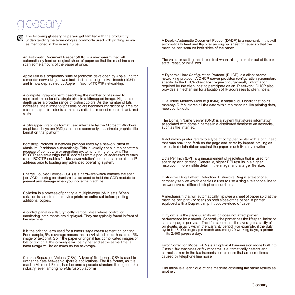 Glossary | Samsung SCX-6545N Series User Manual | Page 129 / 190