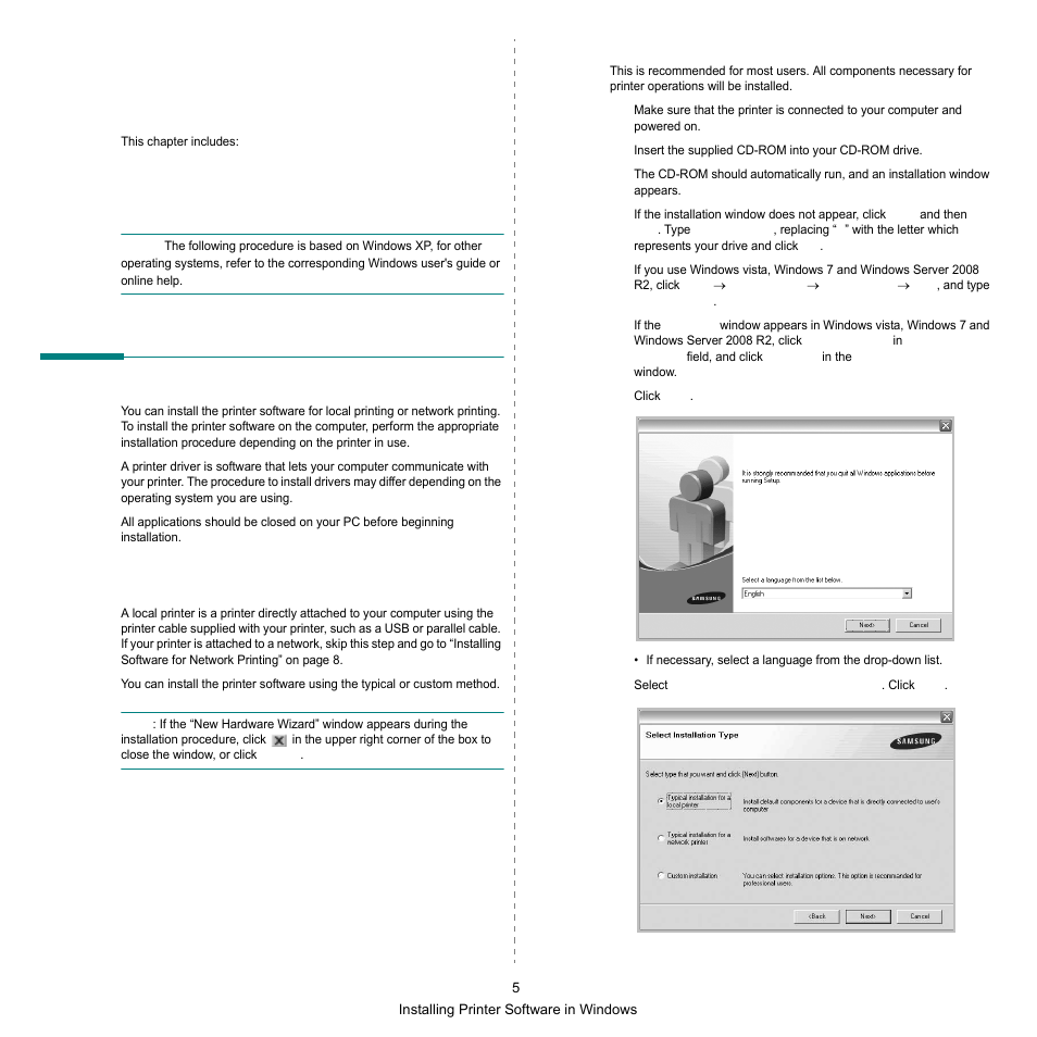 Installing printer software in windows, Installing printer software, Installing software for local printing | Samsung SCX-6545N Series User Manual | Page 145 / 190