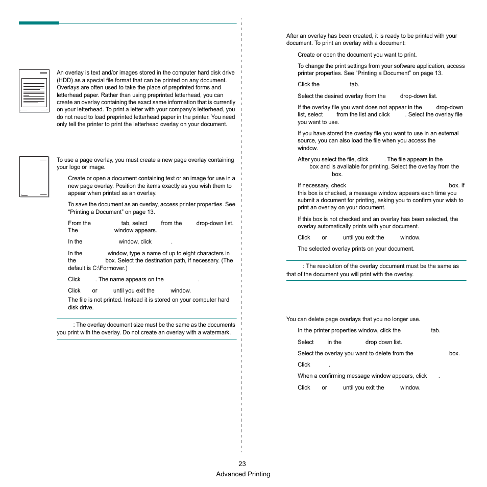 Using overlays, What is an overlay, Creating a new page overlay | Using a page overlay, Deleting a page overlay | Samsung SCX-6545N Series User Manual | Page 163 / 190