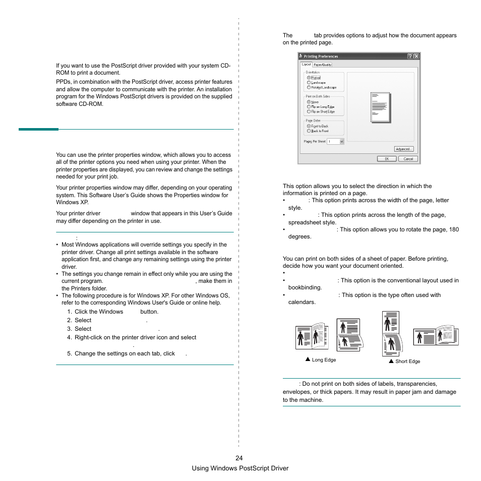 Using windows postscript driver, Printer settings, Layout tab | Samsung SCX-6545N Series User Manual | Page 164 / 190