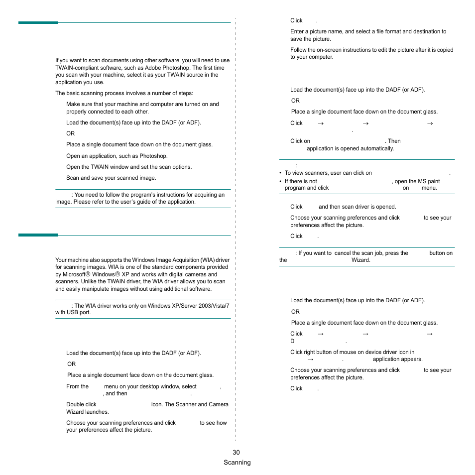 Scanning process with twain- enabled software, Scanning using the wia driver, Windows xp/server 2003 | Windows vista, Windows 7, Scanning process with twain-enabled software | Samsung SCX-6545N Series User Manual | Page 170 / 190