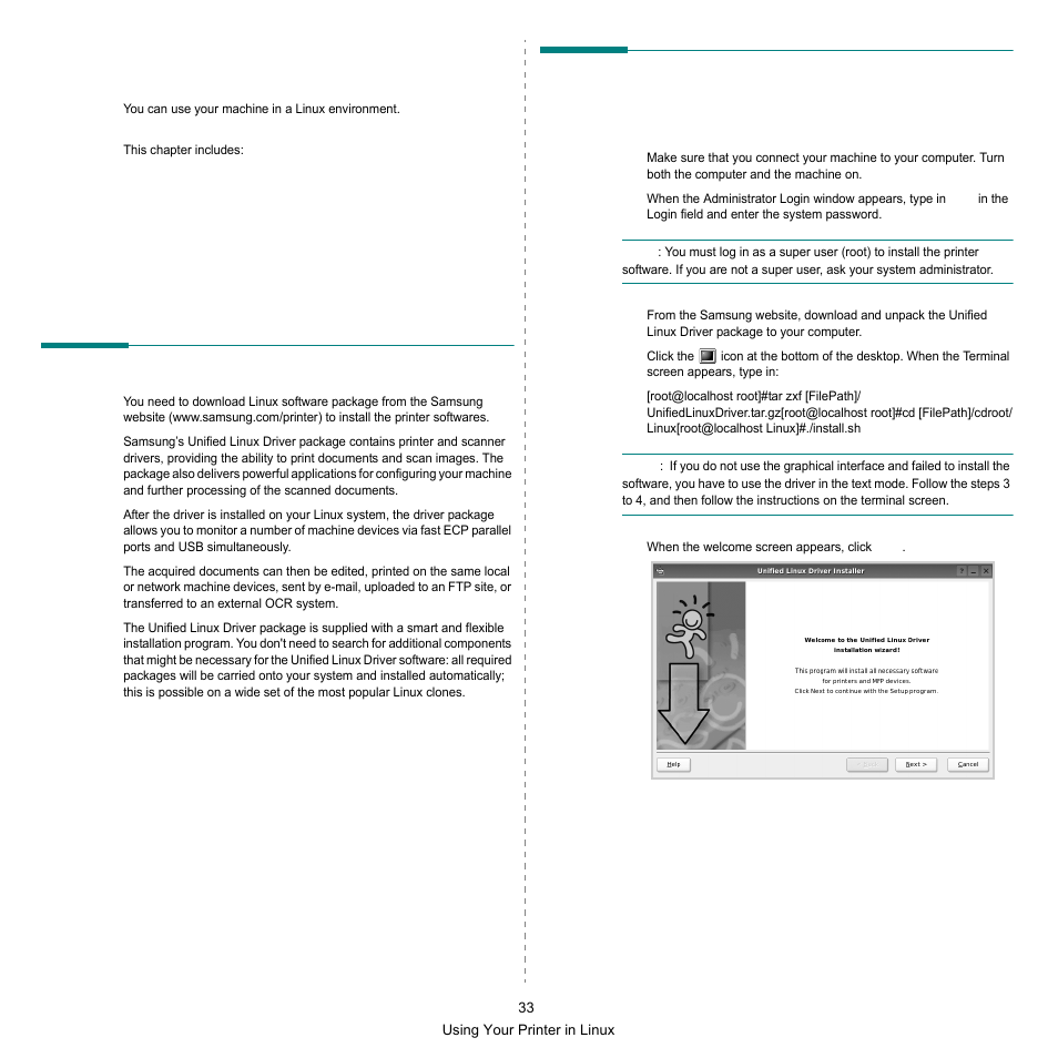 Using your printer in linux, Getting started, Installing the unified linux driver | Samsung SCX-6545N Series User Manual | Page 173 / 190