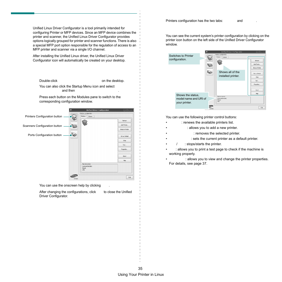 Using the unified driver configurator, Opening the unified driver configurator, Printers configuration | Samsung SCX-6545N Series User Manual | Page 175 / 190