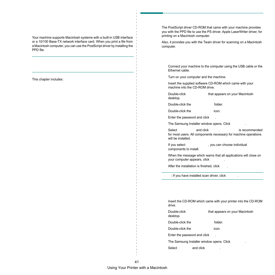 Using your printer with a macintosh, Installing software, Installing the printer software | Uninstalling the printer software | Samsung SCX-6545N Series User Manual | Page 181 / 190