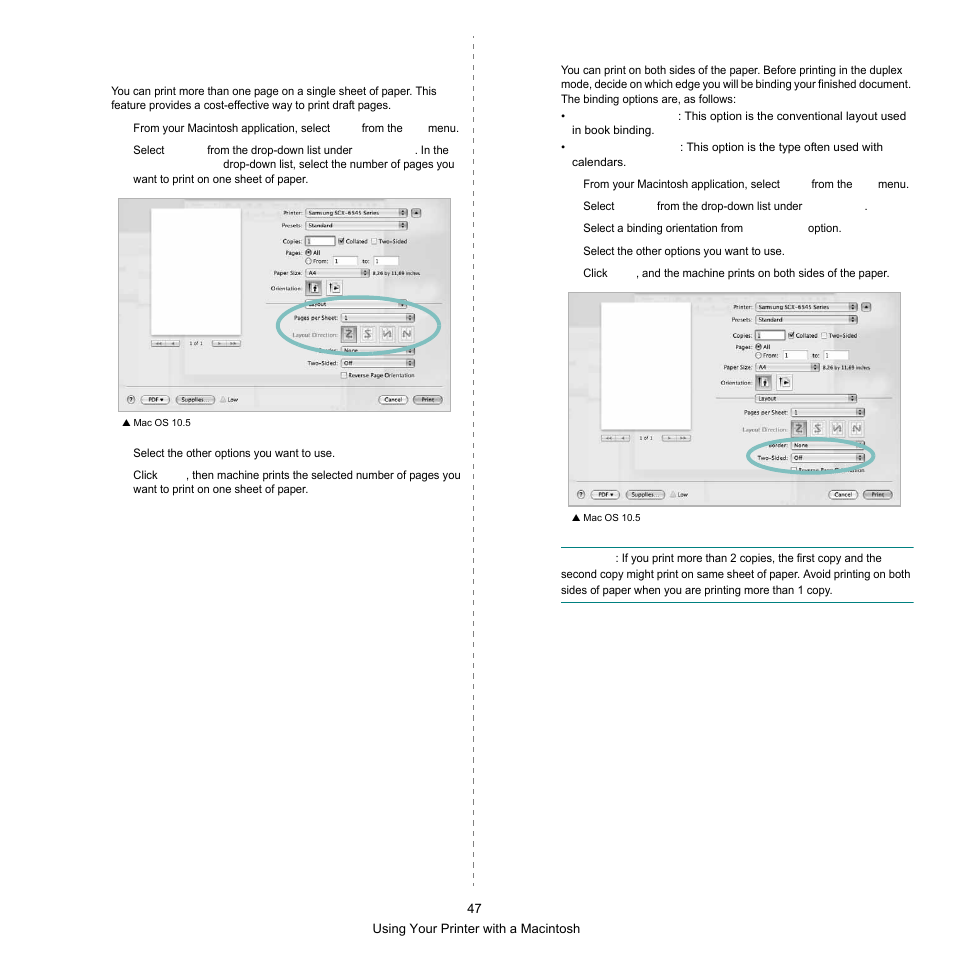 Printing on both sides of paper, Printing multiple pages on one sheet of paper | Samsung SCX-6545N Series User Manual | Page 187 / 190