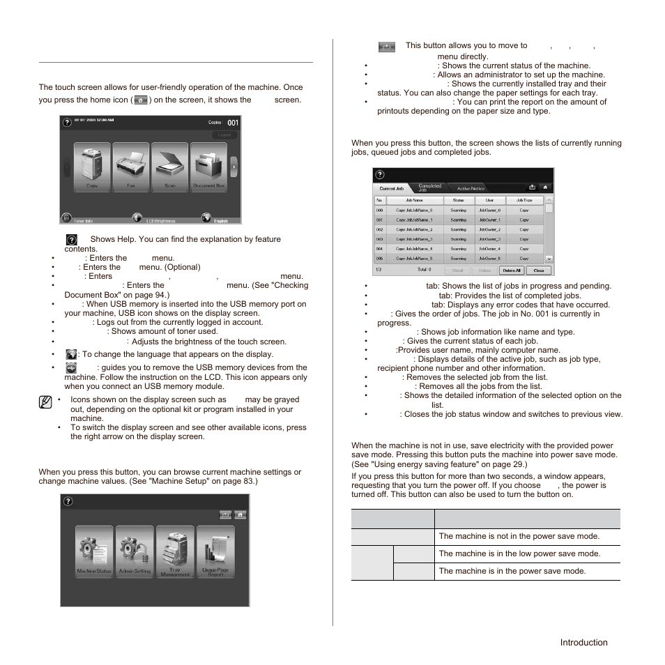 Introducing the touch screen and useful buttons, Touch screen, Machine setup button | Job status button, Power saver button | Samsung SCX-6545N Series User Manual | Page 21 / 190