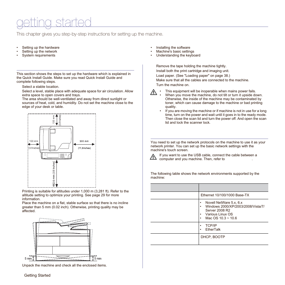 Getting started, Setting up the hardware, Setting up the network | Supported operating systems | Samsung SCX-6545N Series User Manual | Page 26 / 190